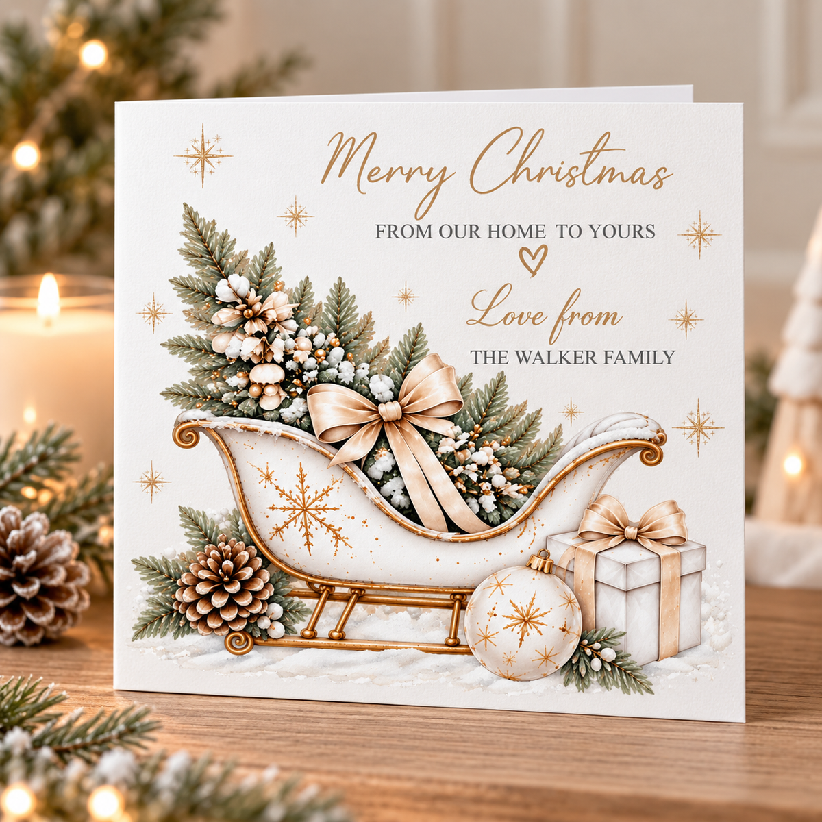 Personalised luxury Christmas cards featuring gold bows, festive greenery, pinecones, snowflakes and Christmas decorations with a family name