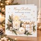 Personalised luxury Christmas cards featuring gold bows, festive greenery, pinecones, snowflakes and Christmas decorations with a family name
