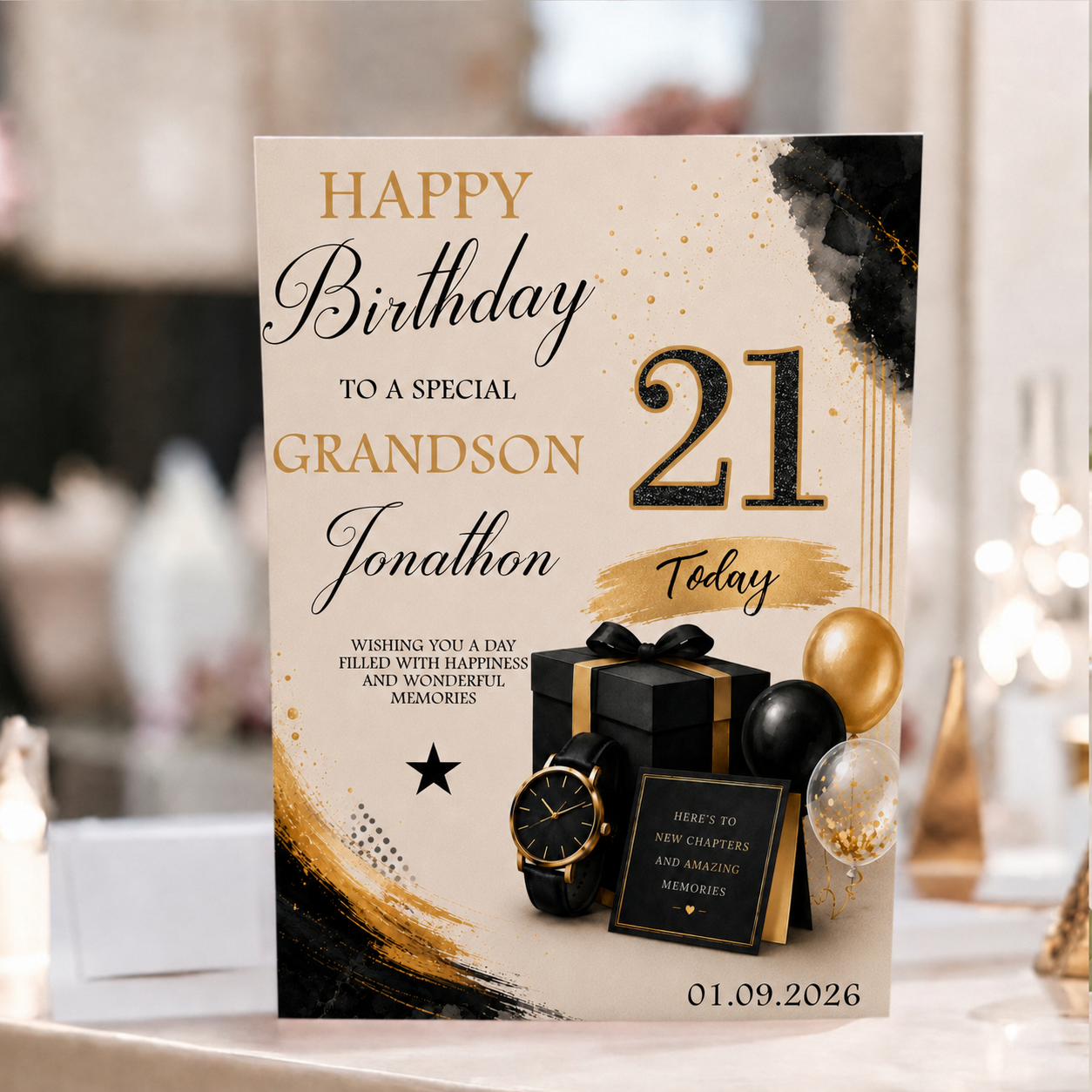 Large A4 Birthday Card For Him, Featuring a gold and black design with gift box balloons and watch theme, hand finished wish a subtle sparkle, perfect for a special 21st birthday but is suitable for any age, relationship and name as the card is personalised.