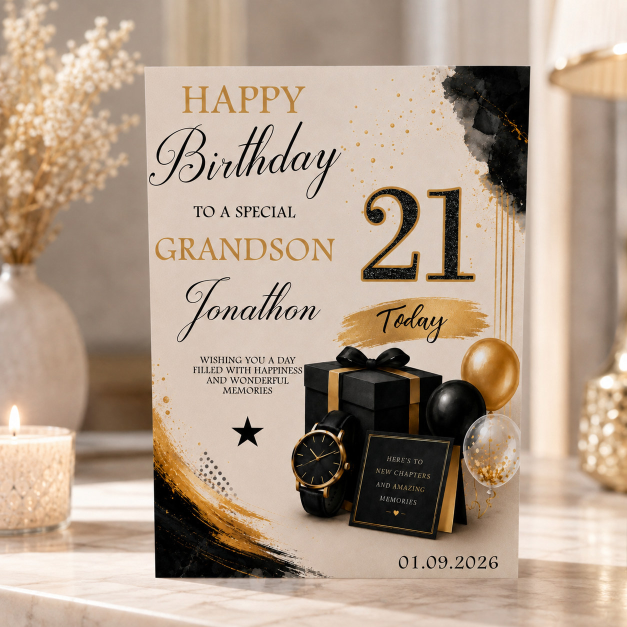 Large A4 Birthday Card For Him, Featuring a gold and black design with gift box balloons and watch theme, hand finished wish a subtle sparkle, perfect for a special 21st birthday but is suitable for any age, relationship and name as the card is personalised.