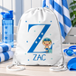 White personalised drawstring swimming bag for kids, featuring a fun blue swimmer design with a large initial and name. Perfect for swimming lessons, leisure swimming, holidays and keeping swimwear and essentials together.