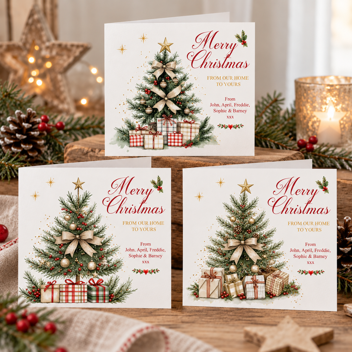 Personalised Christmas cards featuring decorated Christmas trees, wrapped presents, red berries, gold decorations and family names