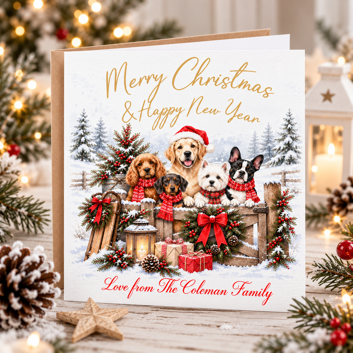 Pack of three festive Christmas dog cards featuring adorable dogs in snowy winter scenes with Christmas trees, gifts, wreaths and red and green decorations.