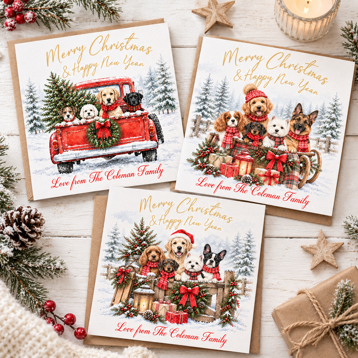 Pack of three festive Christmas dog cards featuring adorable dogs in snowy winter scenes with Christmas trees, gifts, wreaths and red and green decorations.
