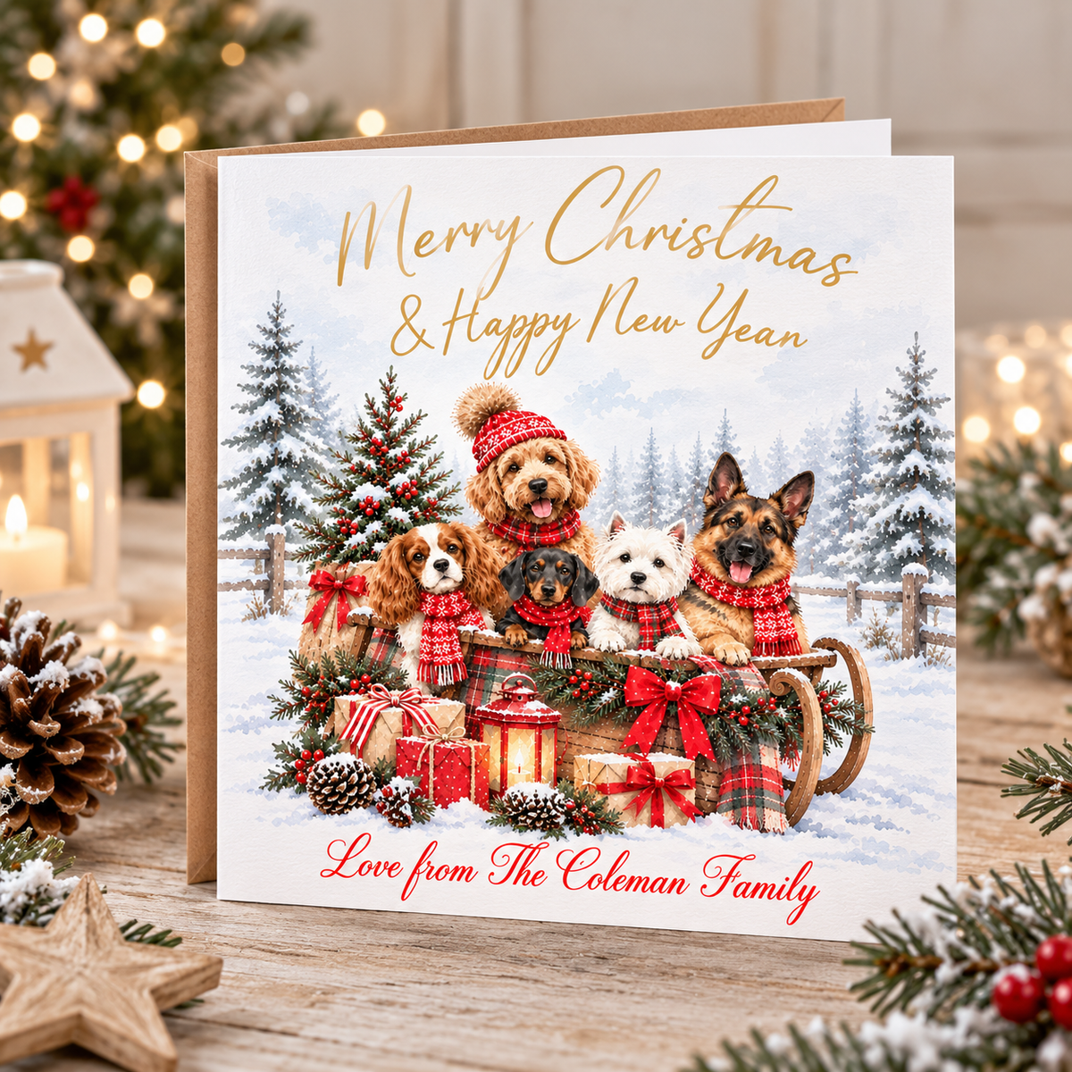 Pack of three festive Christmas dog cards featuring adorable dogs in snowy winter scenes with Christmas trees, gifts, wreaths and red and green decorations.
