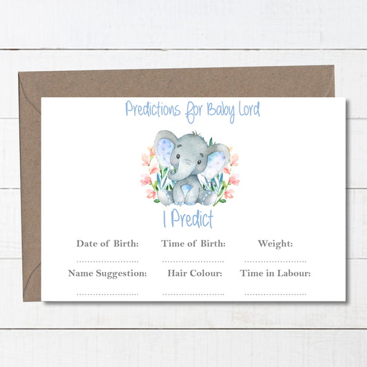Personalied Baby Shower Games Baby Predictions Watercolour Elephant Blue