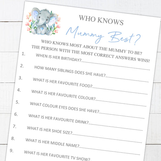 Baby Shower Games Who Knows Mummy Best Watercolour Elephant Blue