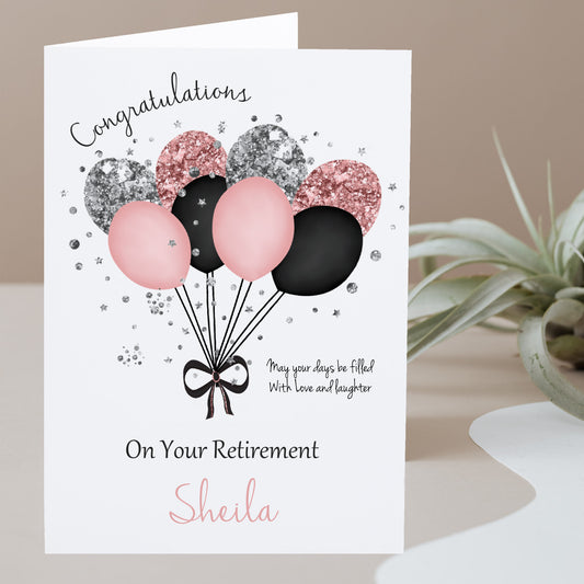 Personalised Retirement Card Pink Black Balloons