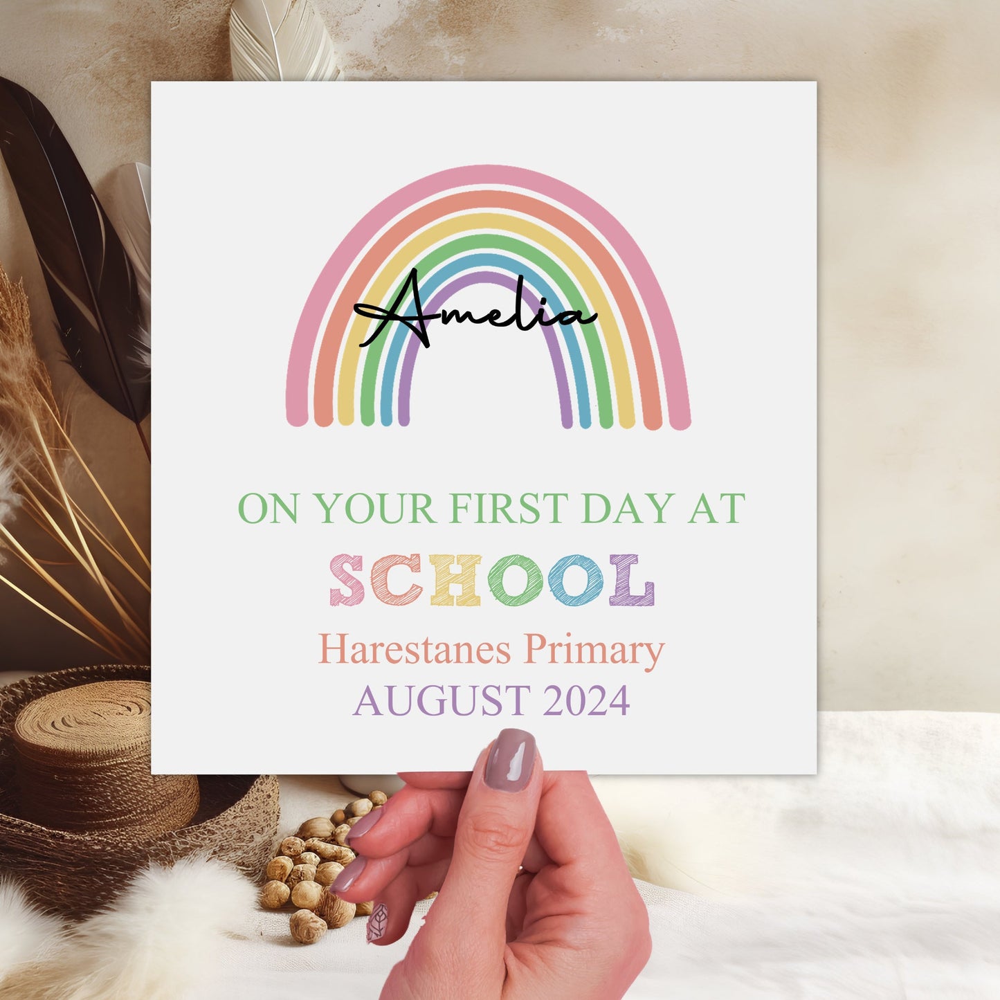 Personalised Good Luck First Day At School Card Rainbow