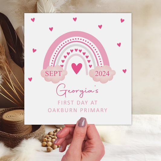 Personalised Good Luck First Day At School Card Pink Rainbow Love Hearts