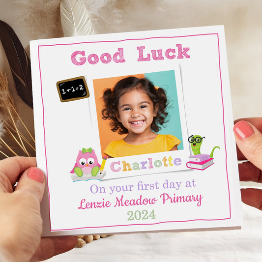 Personalised Good Luck First Day At School Photo Card Pink