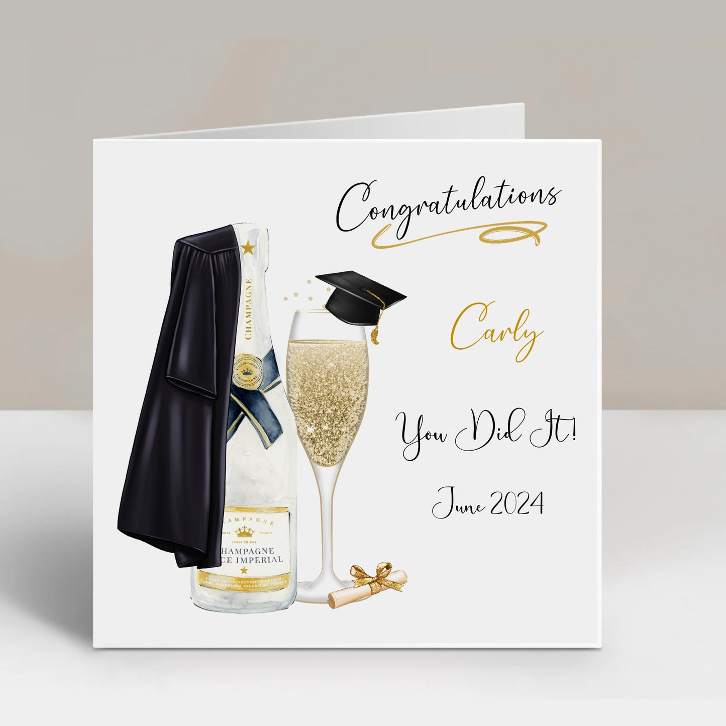 Personalised Graduation Card Congratulations Champagne Bottle & Gown