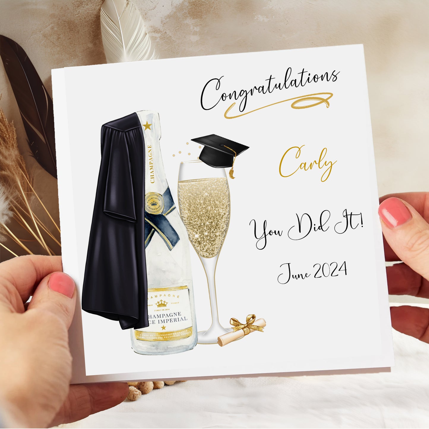 Personalised Graduation Card Congratulations Champagne Bottle & Gown