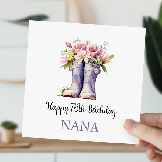 Personalised Birthday Card, Floral Watercolour Wellies