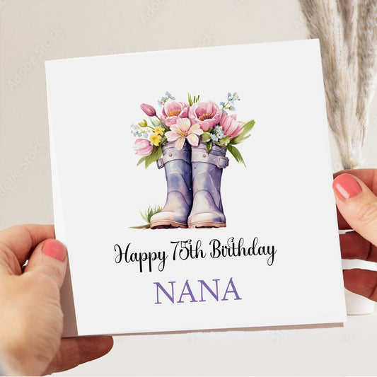 Personalised Birthday Card, Floral Watercolour Wellies