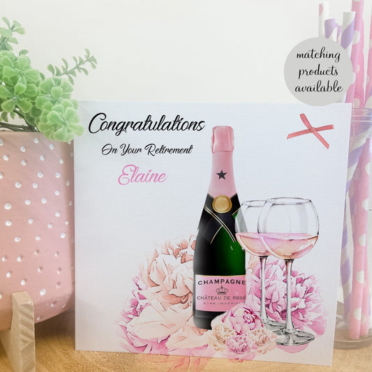 Personalised Retirement Card Pink Floral Champagne