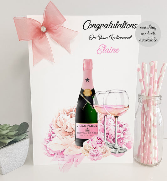 Personalised Retirement Card Pink Floral Champagne