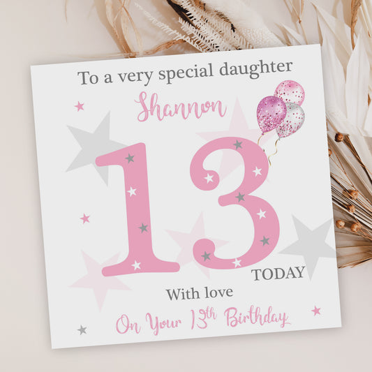 Personalised Female Girls Birthday Card Stars Ballons Pink