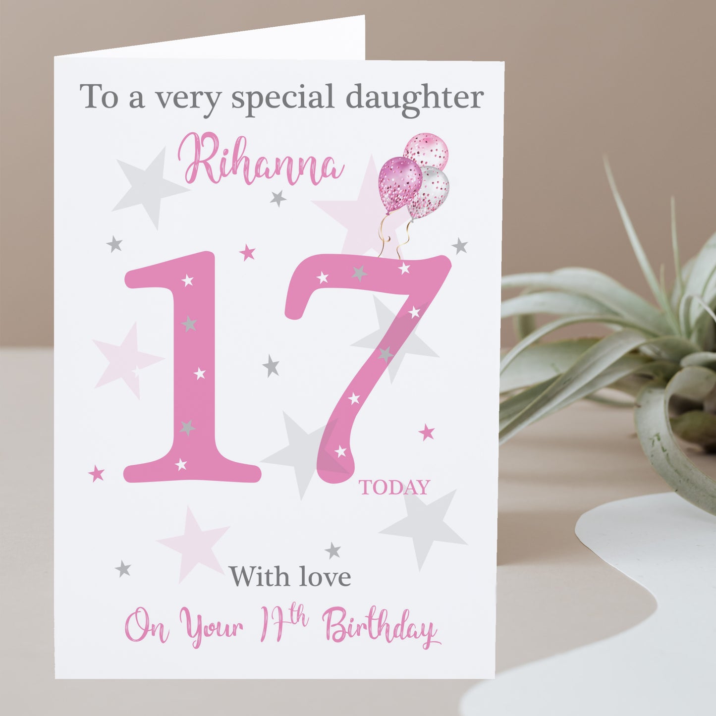 Personalised Female Girls Birthday Card Stars Ballons Pink