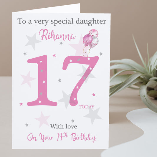 Large A4 Personalised Female Girls Birthday Card Stars Ballons Pink