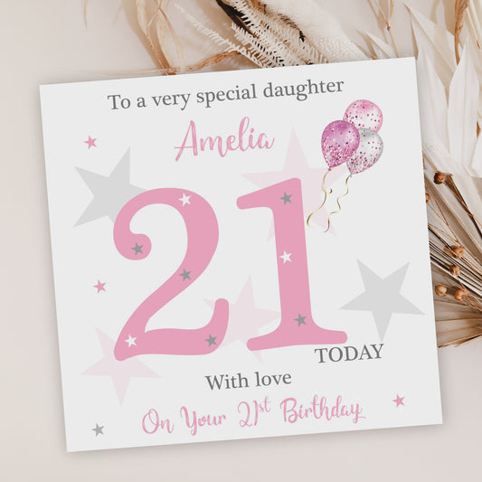 Personalised Female Girls Birthday Card Stars Ballons Pink