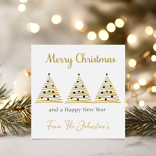 Personalised Christmas Card Pack 10, 20, 30, 40, 50 - Gold Black Tree