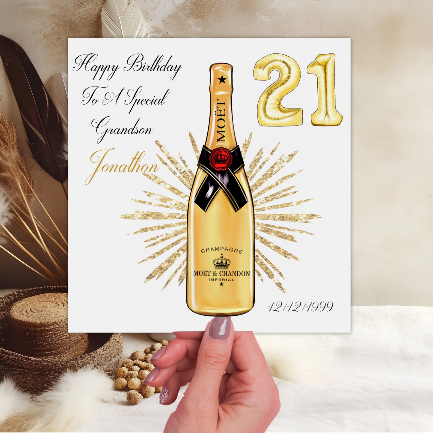 Personalised Birthday Card Gold Champagne Bottle