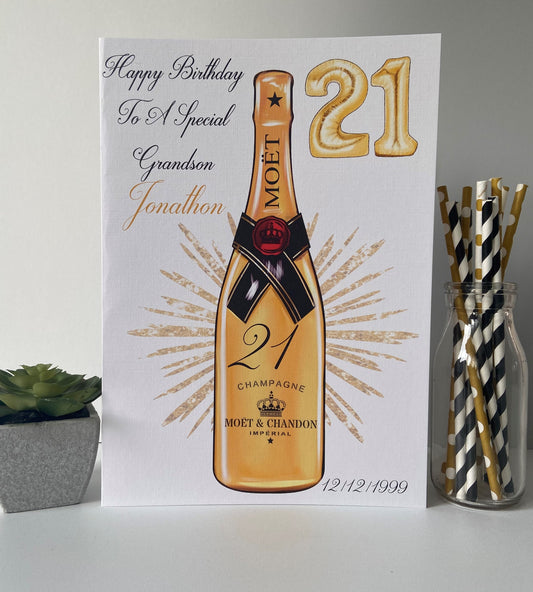 Large A4 Personalised Birthday Card Gold Champagne Bottle