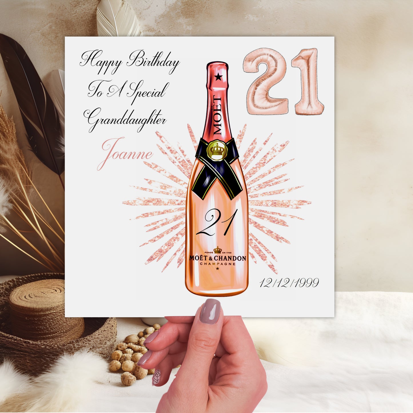 Personalised Birthday Card Rose Gold Champagne Bottle