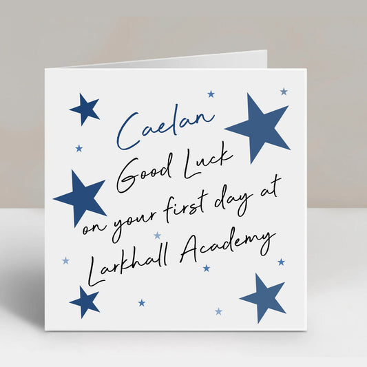Personalised Good Luck First Day In High School Card Blue Stars