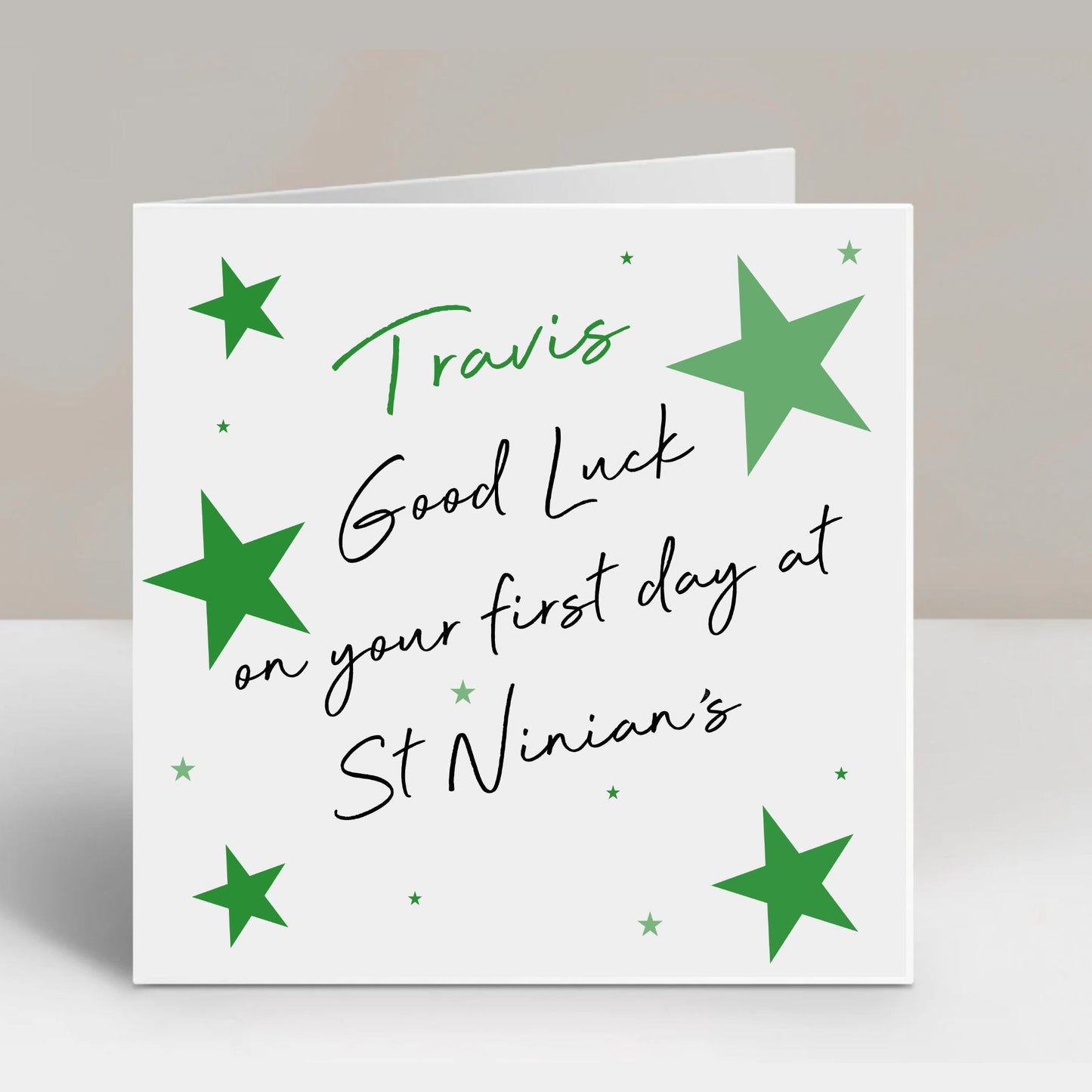 Personalised Good Luck First Day In High School Card Green Stars