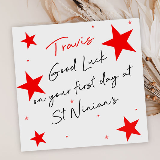 Personalised Good Luck First Day In High School Card Red Stars