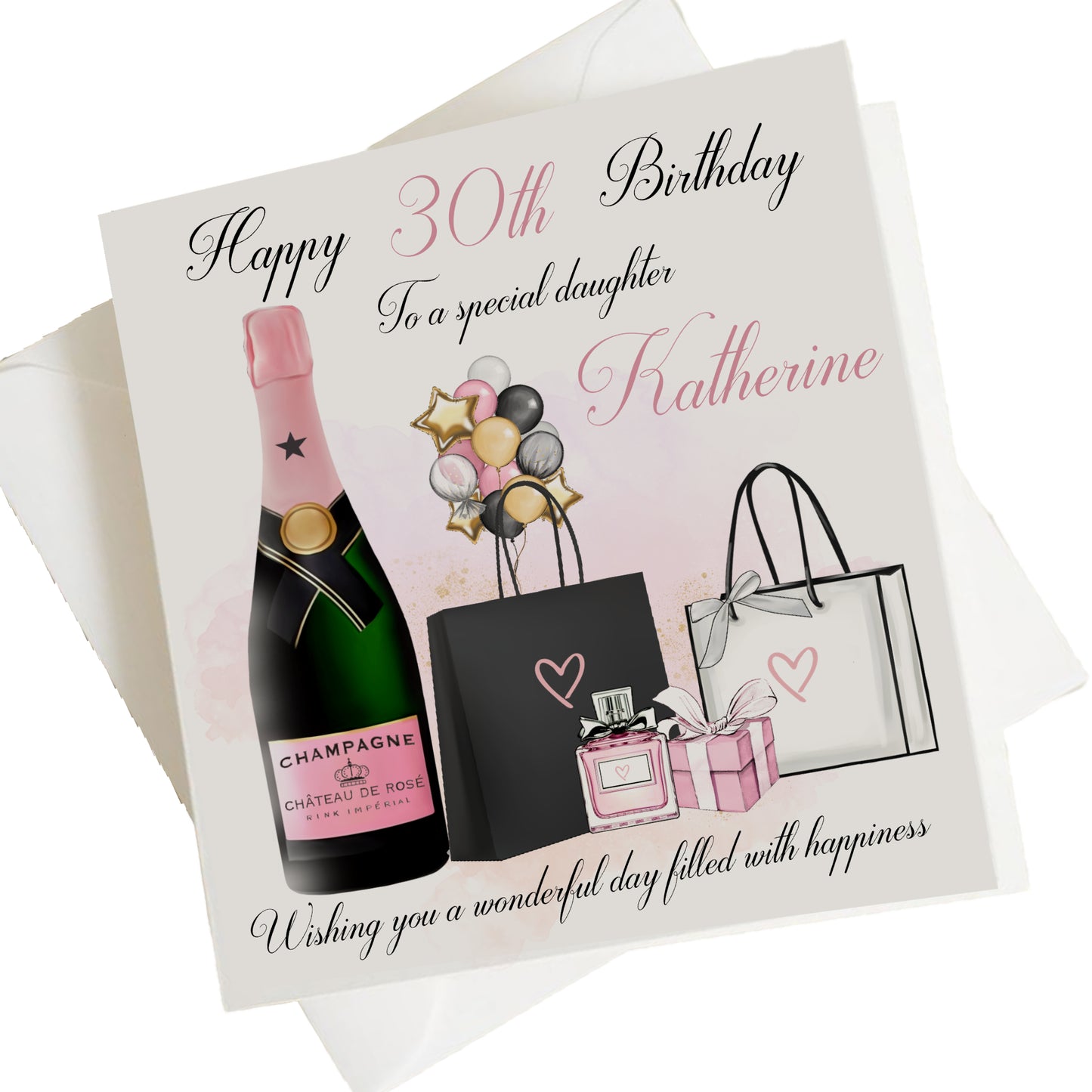 Personalised Female Birthday Card Shopping Champagne Balloons
