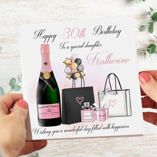Personalised Female Birthday Card Shopping Champagne Balloons
