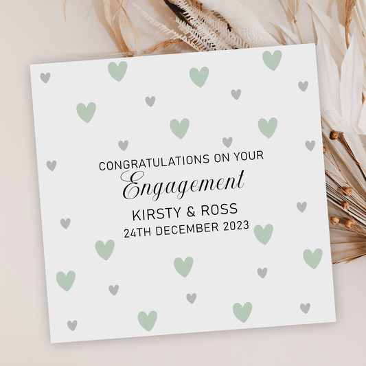 Personalised Congratulations on Your Engagement Card Grey Green Love Hearts