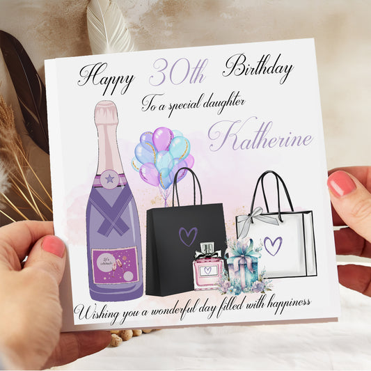 Personalised Birthday Card Lilac Champagne Shopping