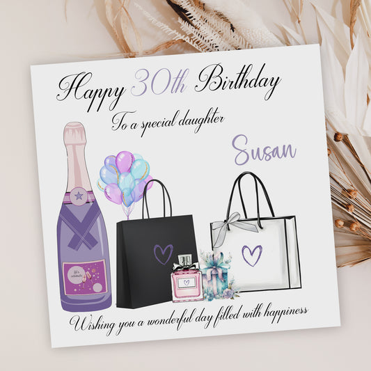 Personalised Birthday Card Lilac Champagne Shopping