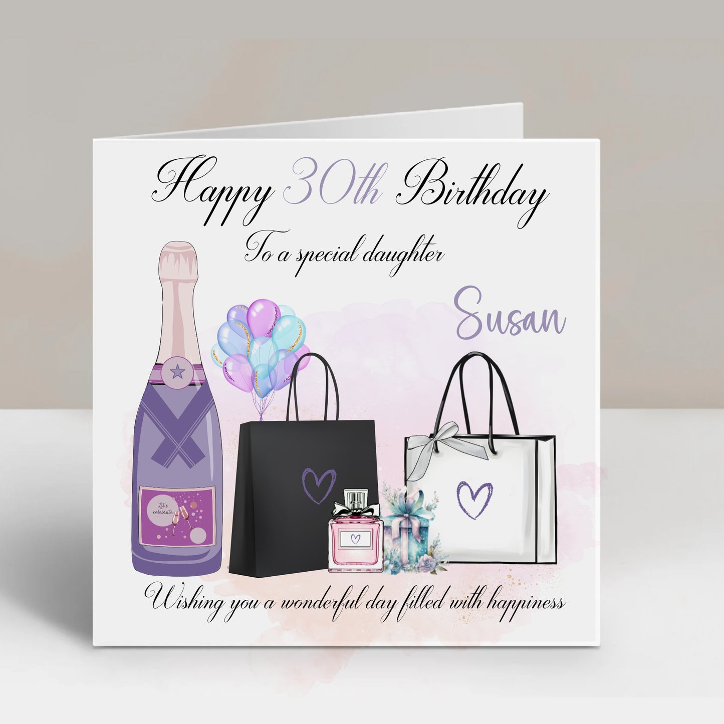 Personalised Birthday Card Lilac Champagne Shopping