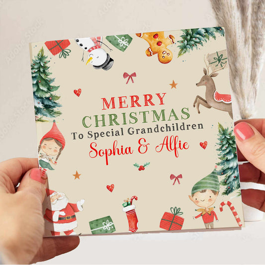 Christmas Card For Grandchildren Festive Santa Snowman Reindeer & Boy Girl Elf