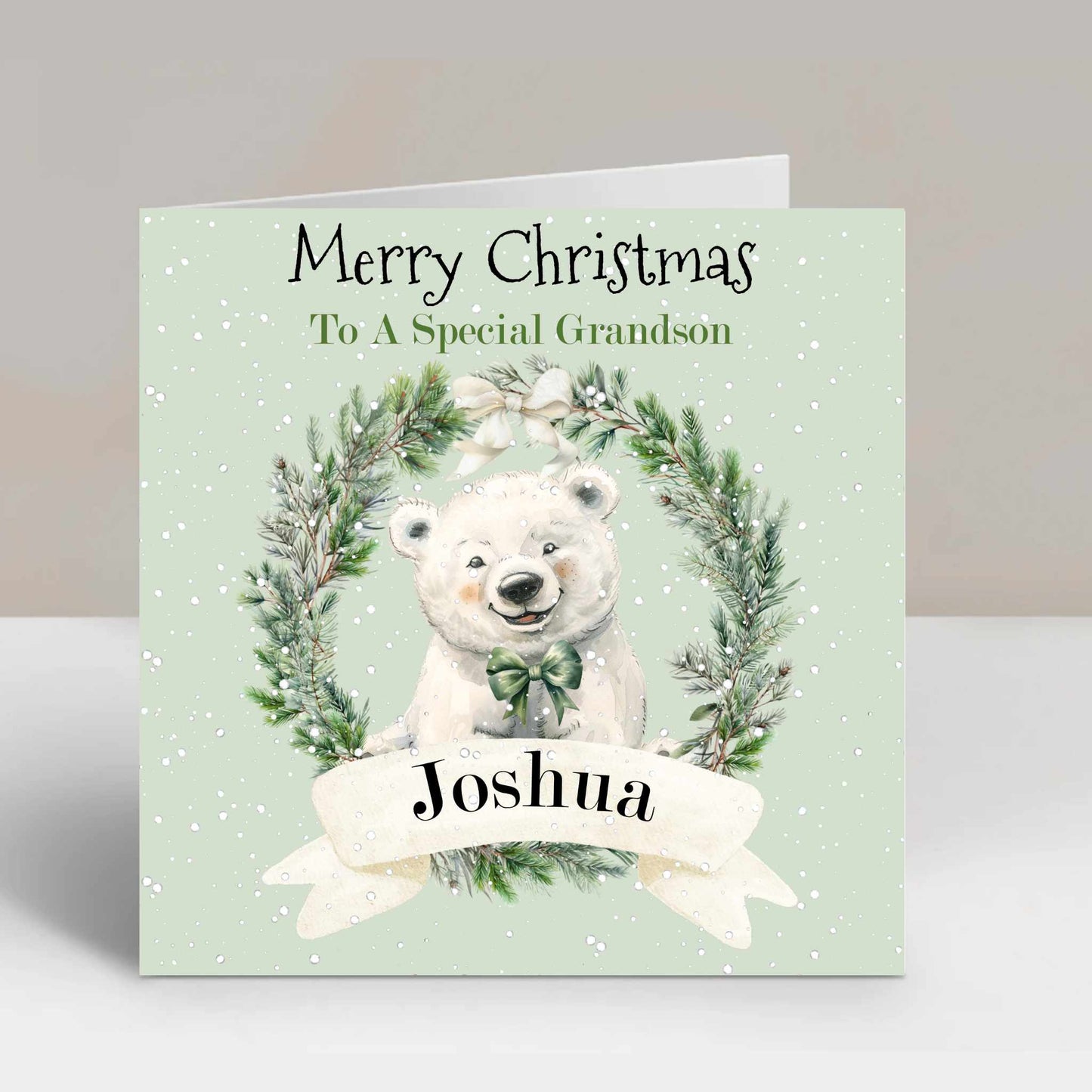 Personalised Christmas Card Snowy Polar Bear Wreath