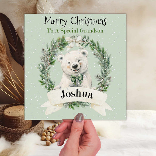 Personalised Christmas Card Snowy Polar Bear Wreath