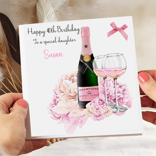 Personalised Birthday Card Floral Pink Champagne
