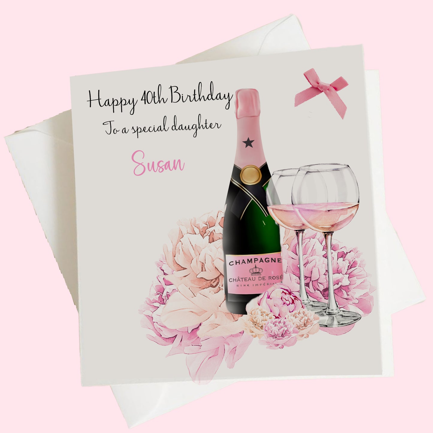 Personalised Birthday Card Floral Pink Champagne