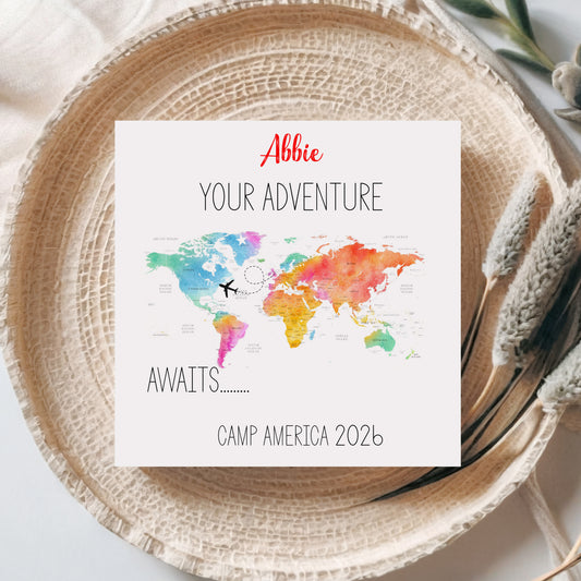 Personalised Good Luck Card Congratulations Camp America Travel Card