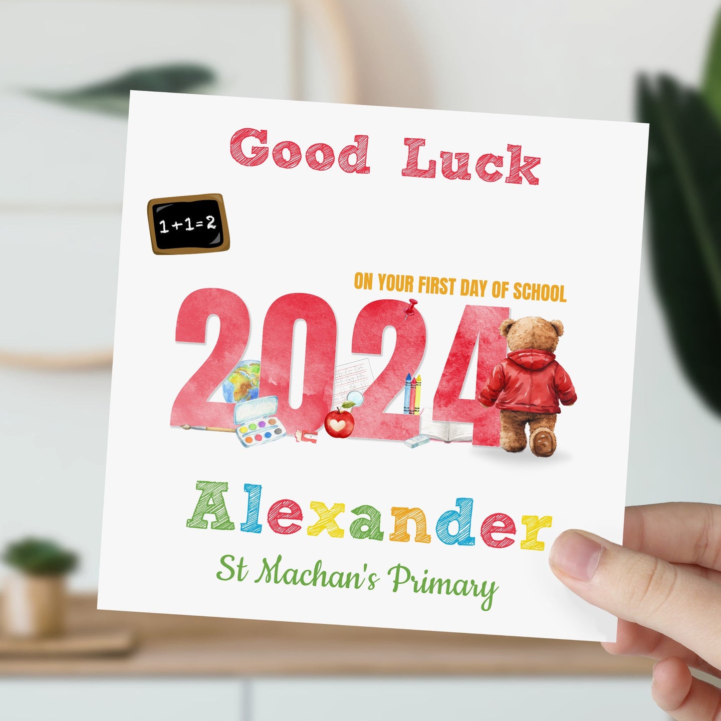 Personalised Good Luck First Day At School Card Red Teddy Bear