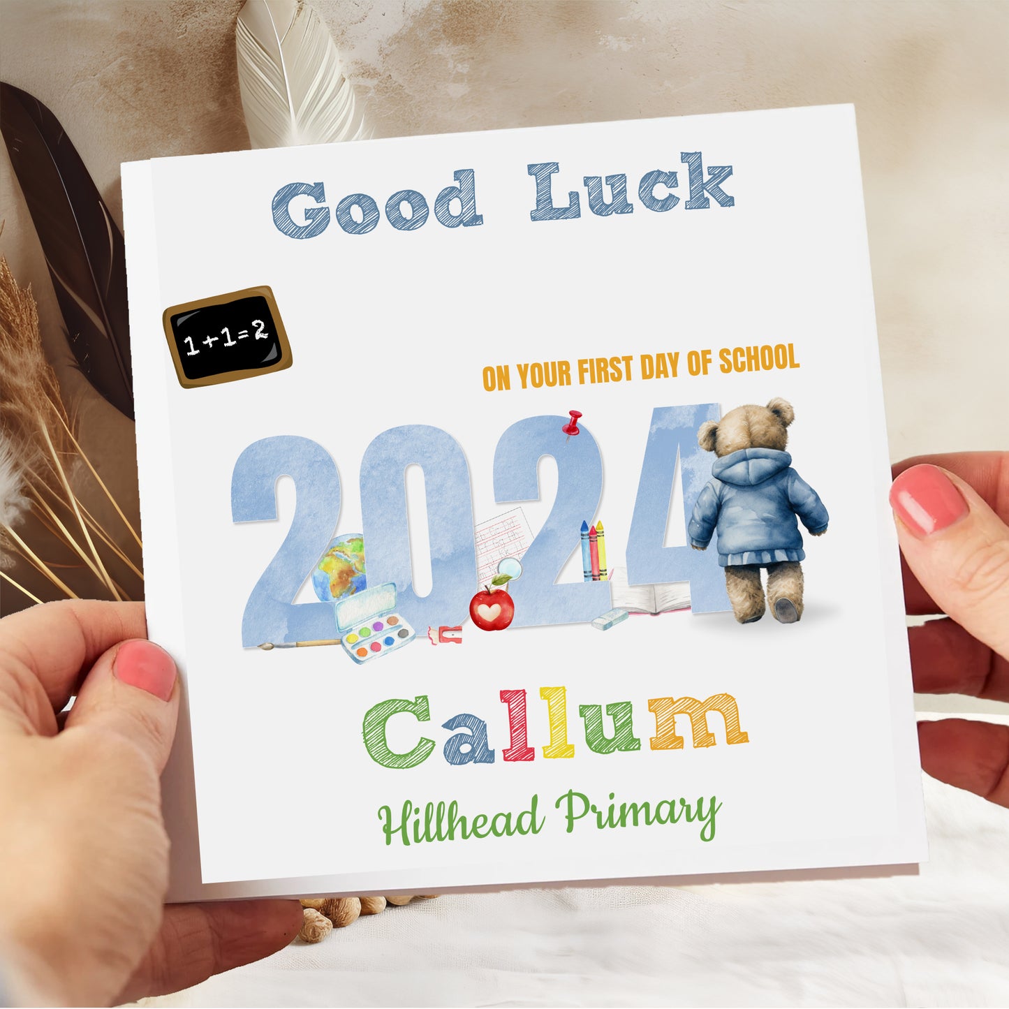 Personalised Good Luck First Day At School Card Red Teddy Bear