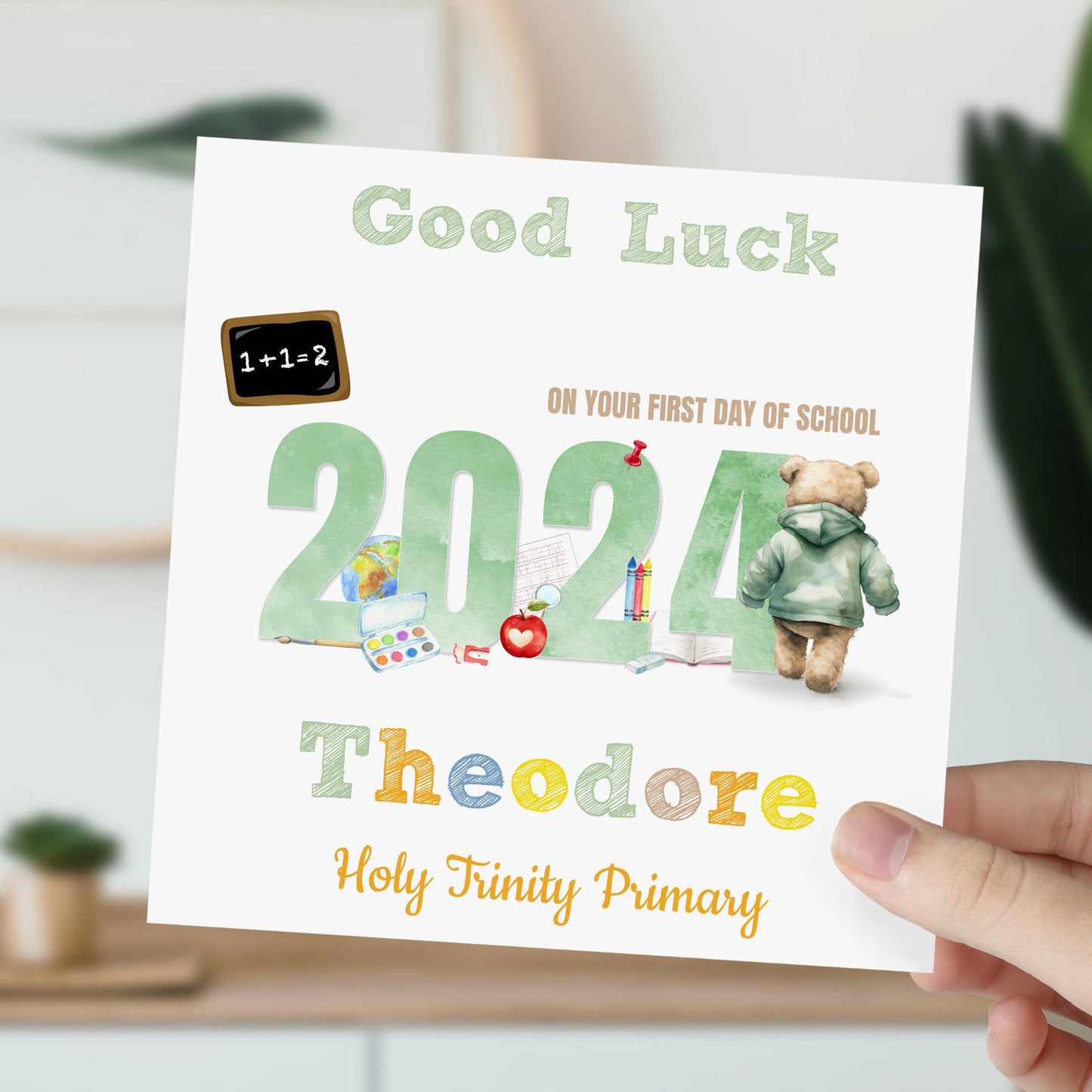 Personalised Good Luck First Day At School Card Red Teddy Bear