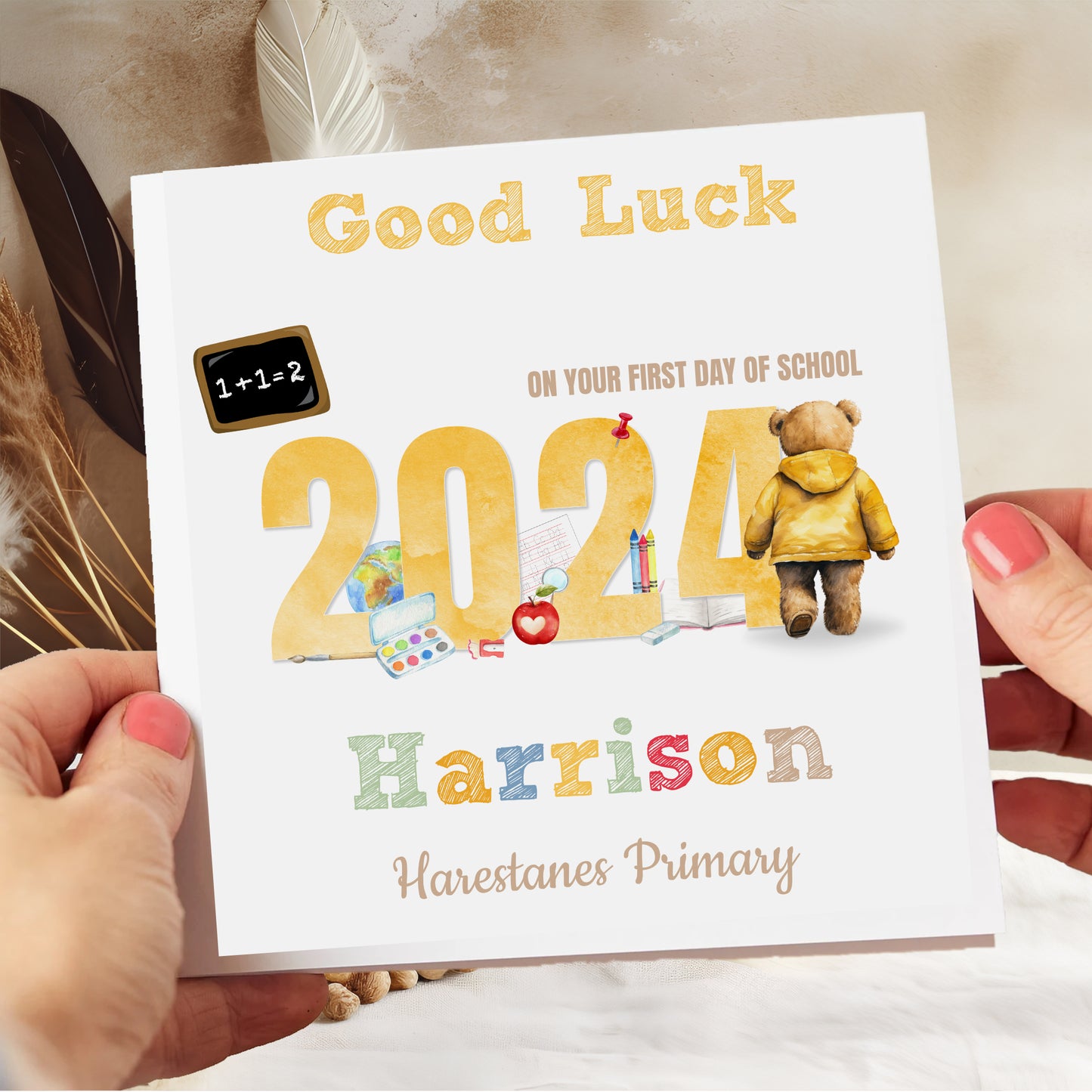 Personalised Good Luck First Day At School Card Red Teddy Bear