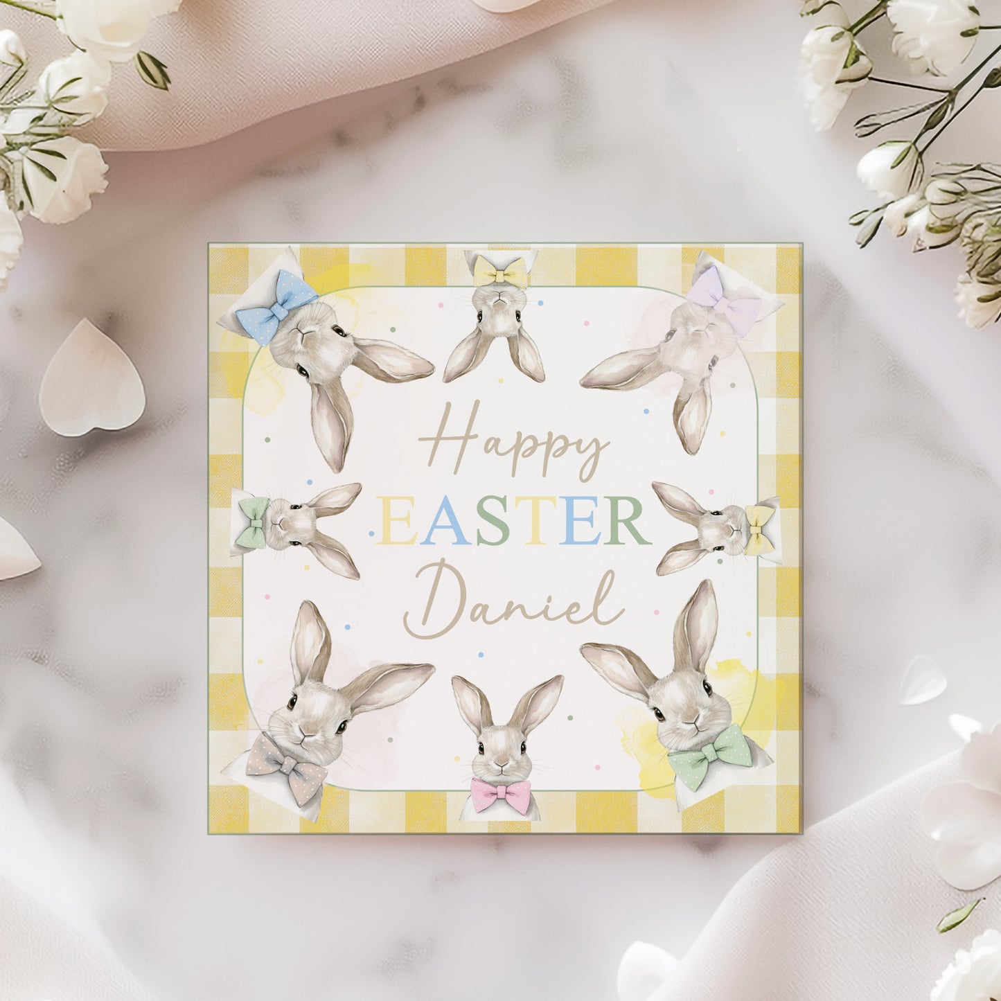 Yellow Gingham Watercolour Bunnies Easter Card
