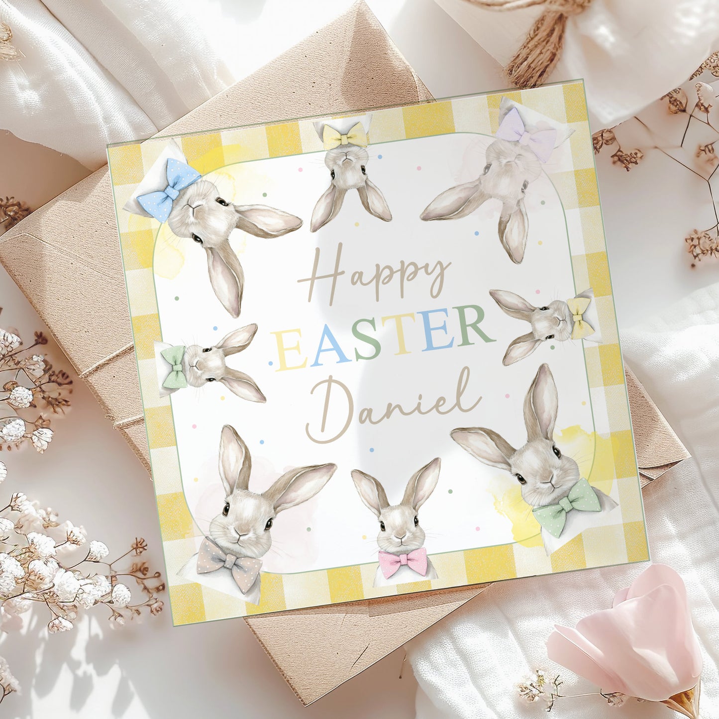 Yellow Gingham Watercolour Bunnies Easter Card